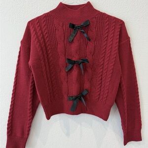 SHEIN Burgundy Bow Cable Knit Sweater XS Cropped Coquette